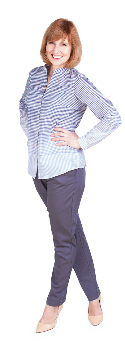 standing menopausal woman in pink with blonde hair